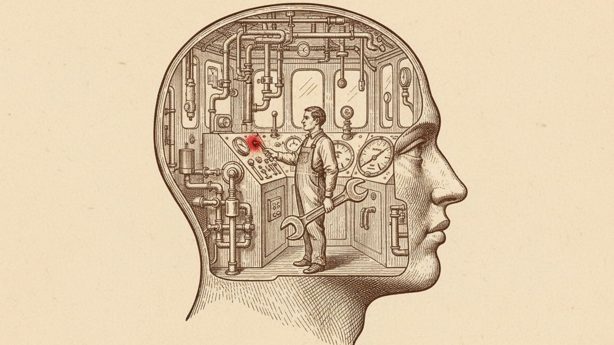 Гравюра инженера в кабине управления разумом. Метафора технического подхода к управлению стрессом.