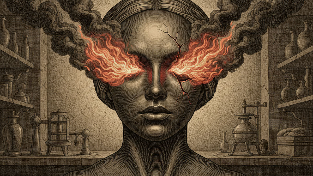 Гравюра человека в маске спокойствия, скрывающей внутренний пожар. Метафора подавления эмоций.