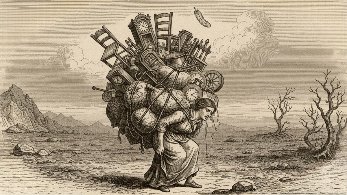 Гравюра женщины под непосильной ношей, на которую падает перо. Метафора эмоциональной перегрузки матери.